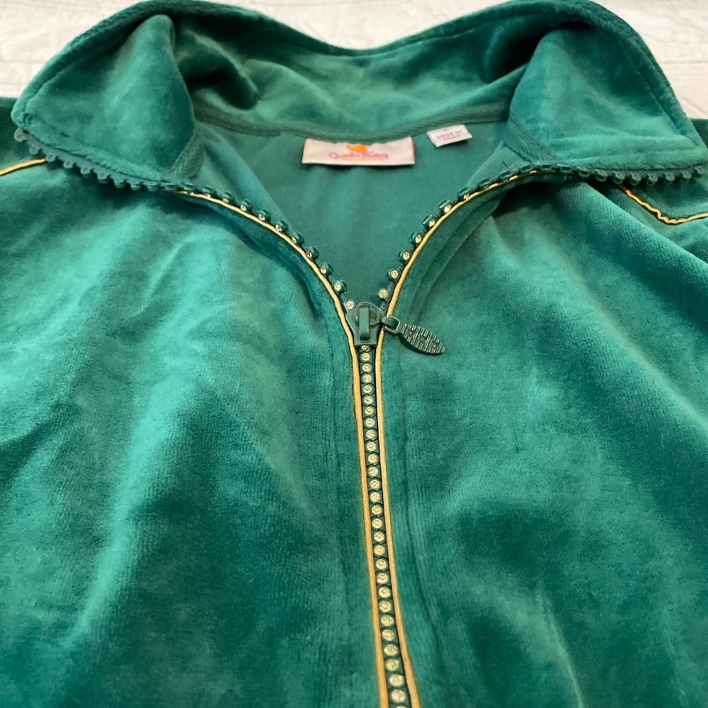 Green Velour like Zip-Up Jacket with Rhinestone Trim